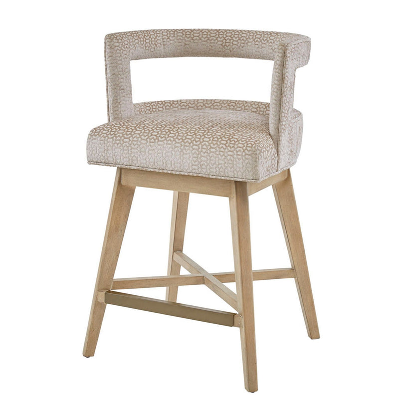 Design Swivel Counter Stool With Low Back Support Polyester And Solid Wood - Cream