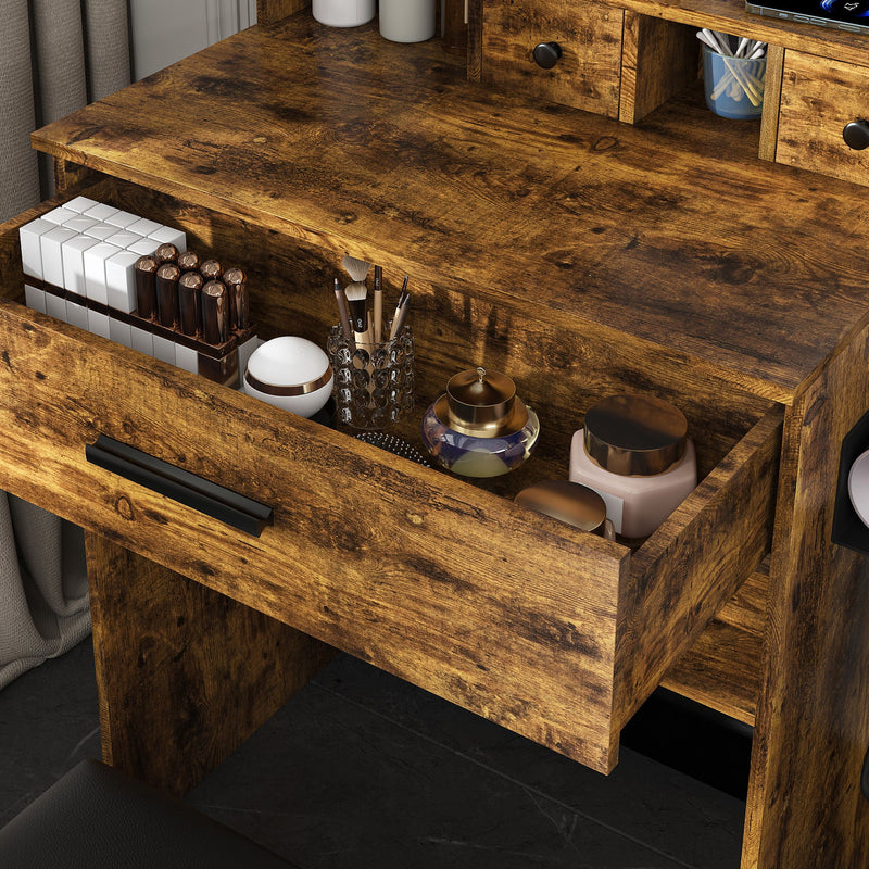 Vanity Table With Mirror, Adjustable LED Lights, Power Outlet, Hairdryer Holder & Stool