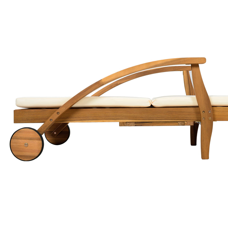 Versatile Chaise Lounge With Wheels Acacia Wood Recliner For Patio - Cream