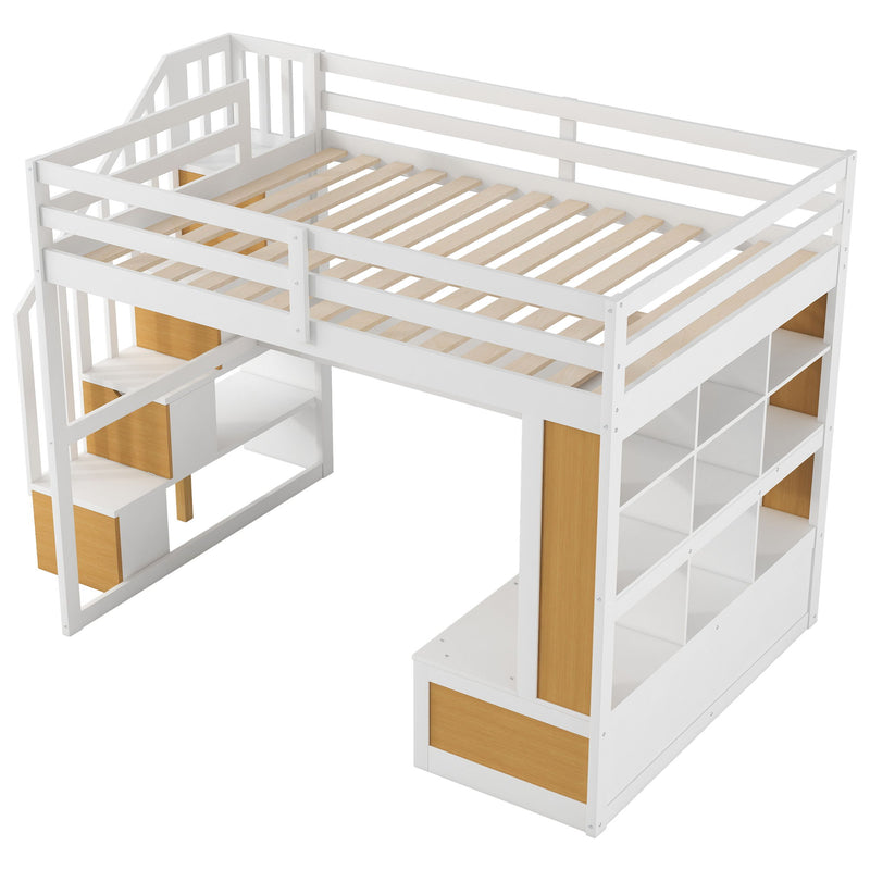 Full Size Loft Bed With Desk And Shelves, 2 Built In Drawers, Storage Staircase - Natural / White