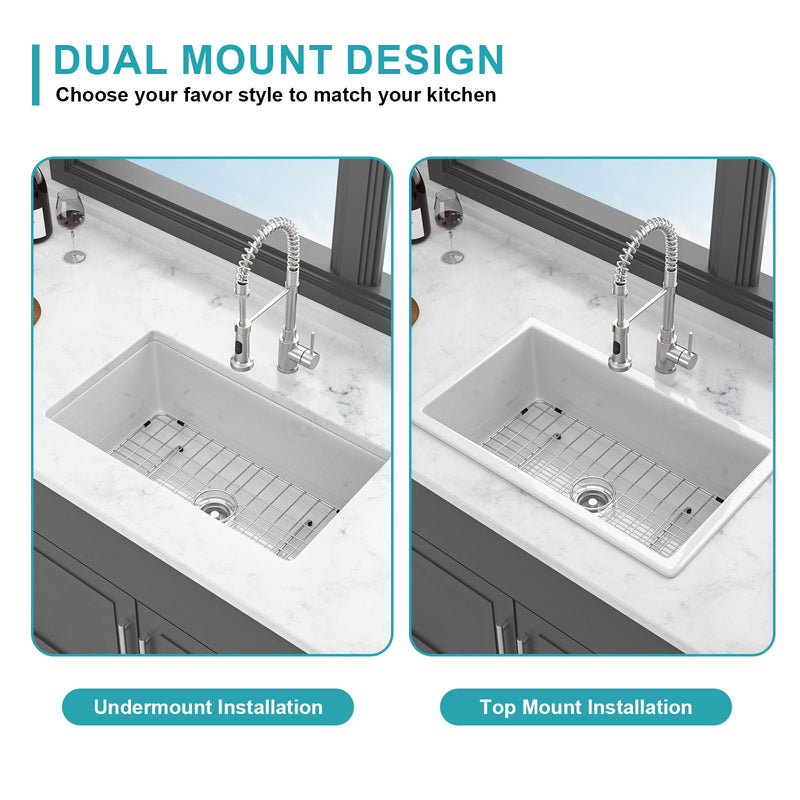 Rectangular Single Bowl Kitchen Sink With Dual Mount Installation - White