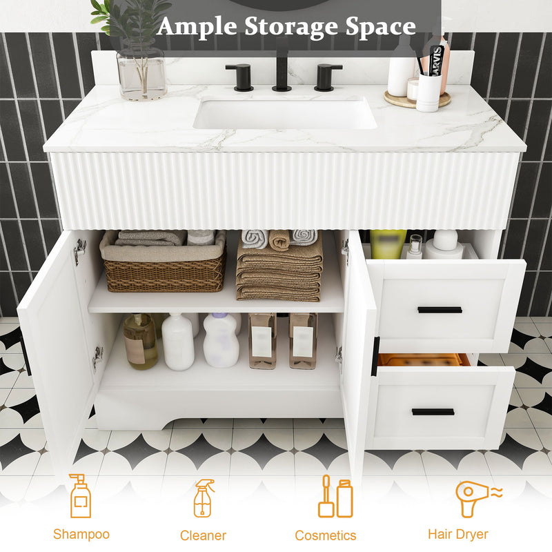 Bathroom Vanity Set, Fluted Cabinet With Soft Close Doors & Drawers, 3 Faucet Holes, Sink Included - White