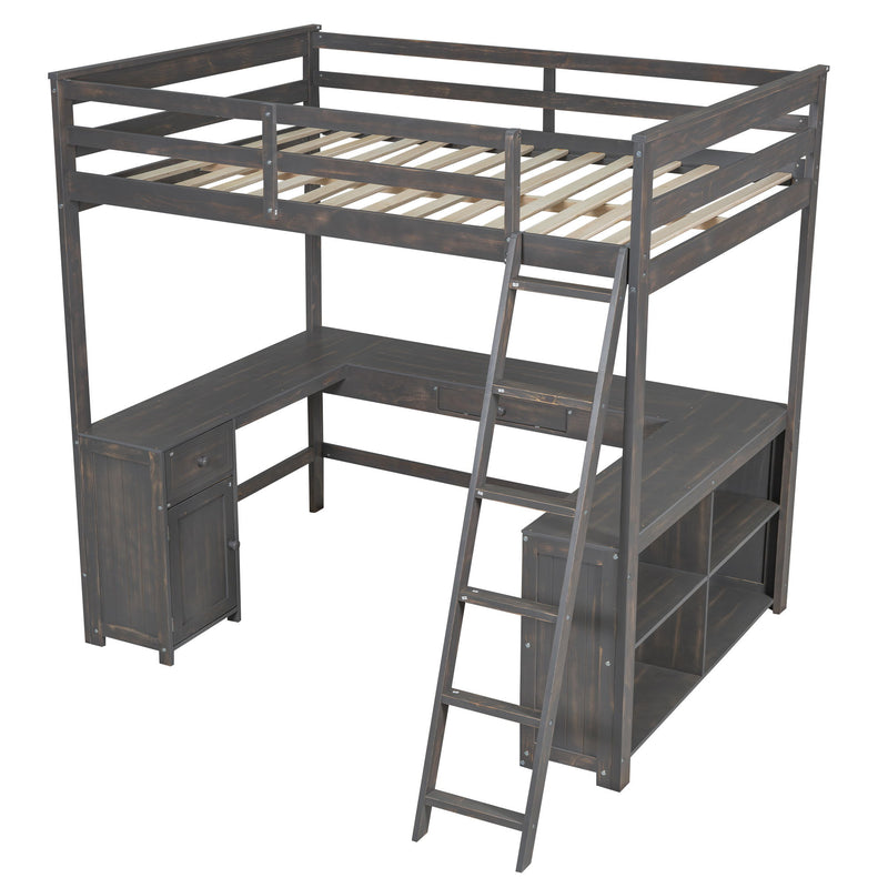Loft Bed With U-Shaped Desk, Drawers, And Storage Shelves