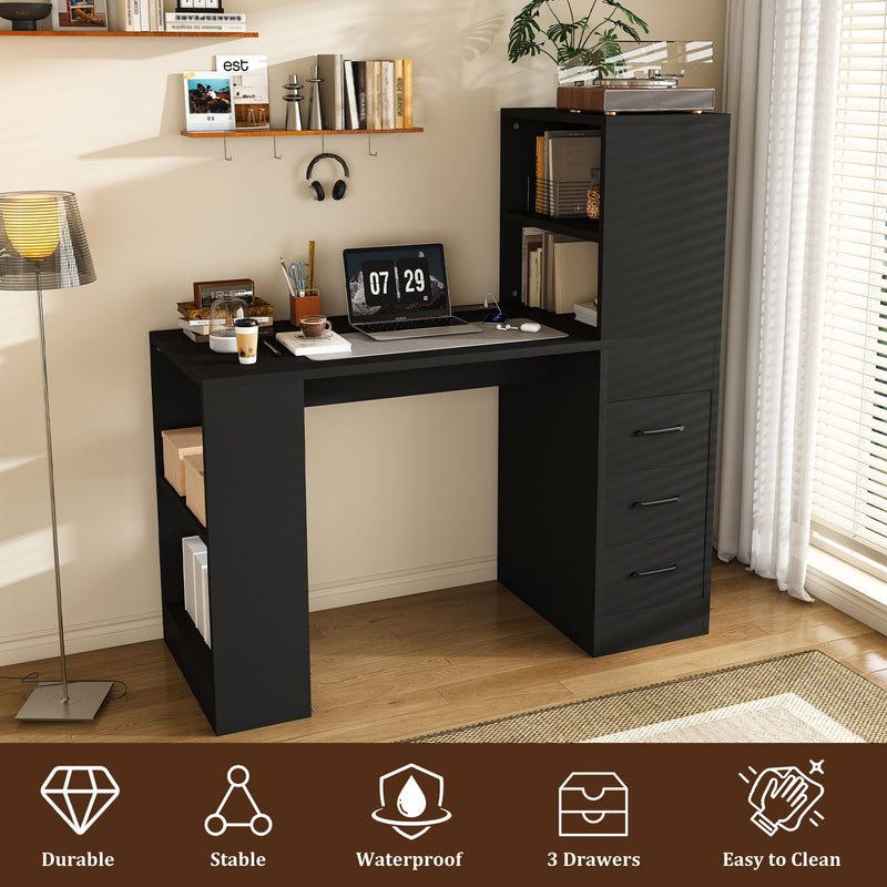 Computer Desk With 4 In 1 Socket, 3 Slide Drawers And 4 Storage Levels, For Home Office - Black