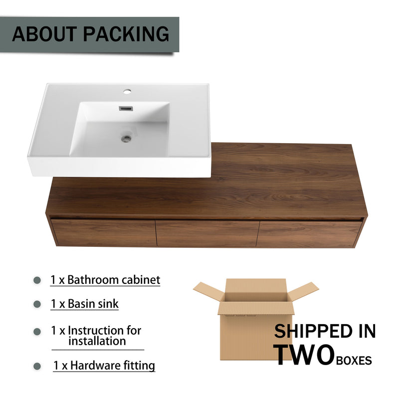 Modern Wall Mounted Bathroom Vanity With Resin Sink And Soft Close Drawer - Brown Ebony