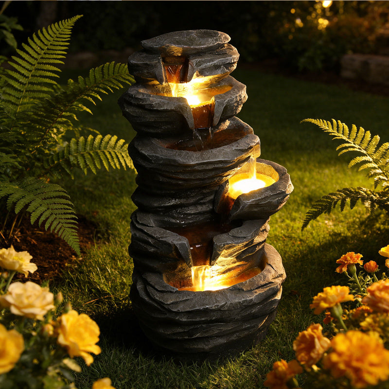 Outdoor Waterfall Fountain With LED Lights For Patio - Gray