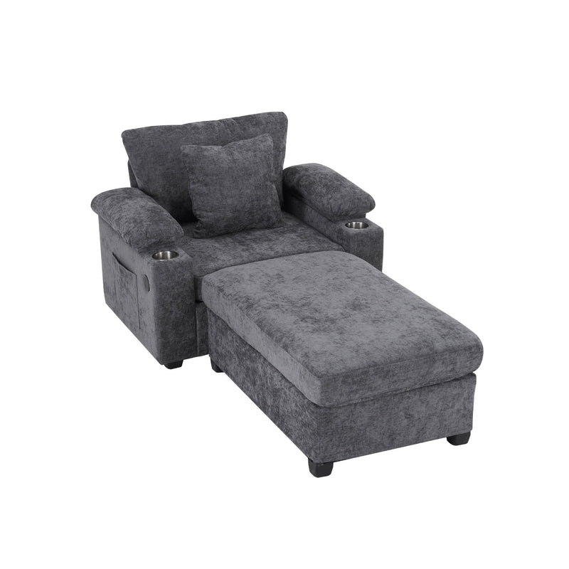 Modern Oversized Chair With Ottoman, Cupholders And USB Charging Ports