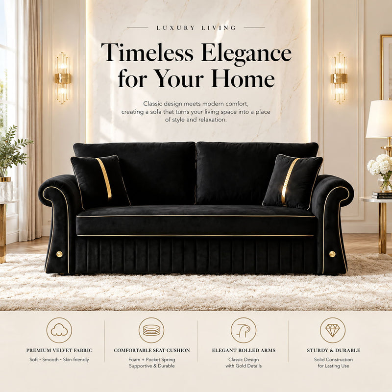 Sofa With Rolled Arms, 3 Seater Couch, Living Room Accent