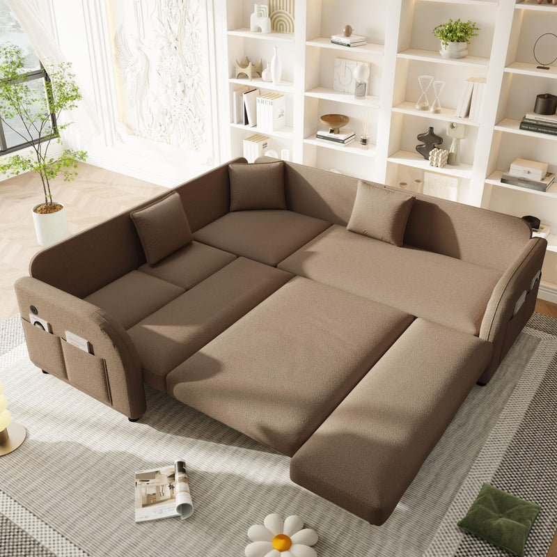 L-Shaped Couch With Pull-Out Bed, Oversize Convertible Sleeper Sofa With Side Pocket & USB Port