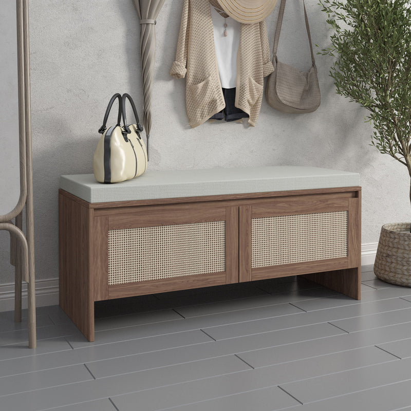 Storage Bench With Cushion, Shoe Cabinet With 2 Doors - Antique Natural / Rattan