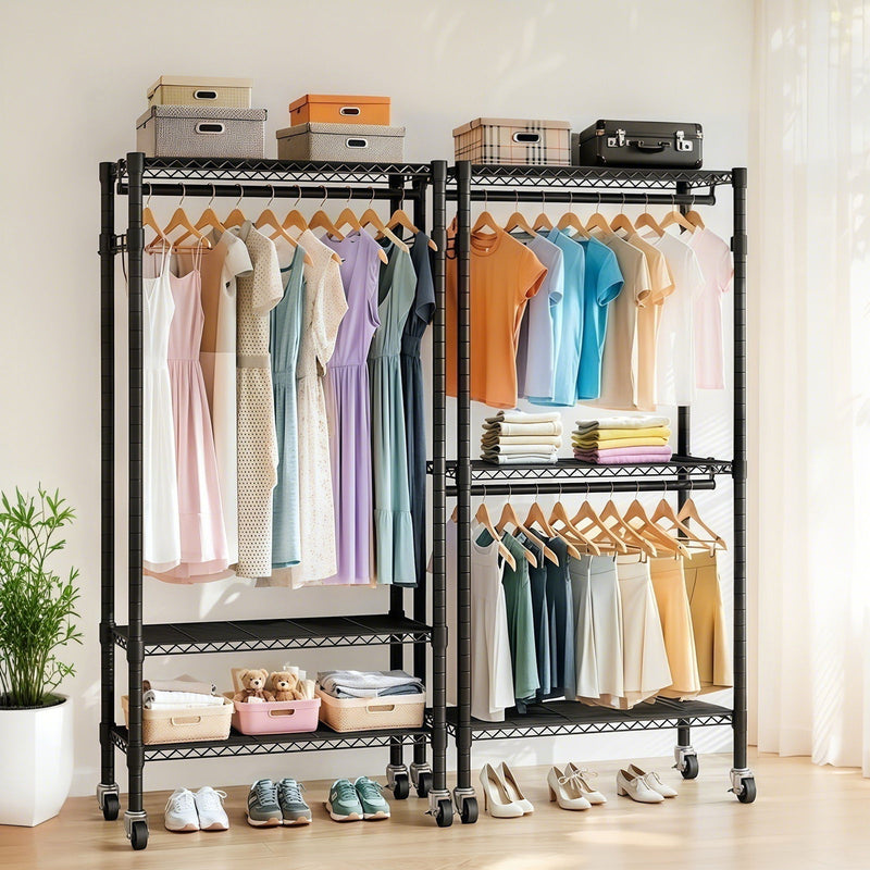 Heavy Duty Rolling Clothes Rack With 3 Tier Shelves, 2 Rails & Side Hooks, Adjustable Freestanding Organizer Metal - Black