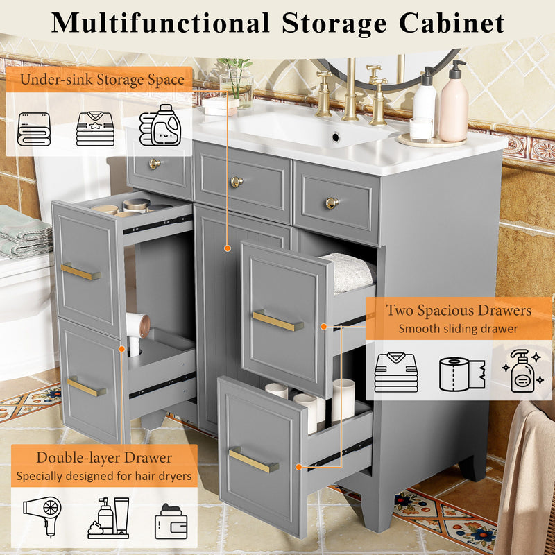 Bathroom Vanity With Ceramic Sink, Soft Close Doors, Adjustable Shelves