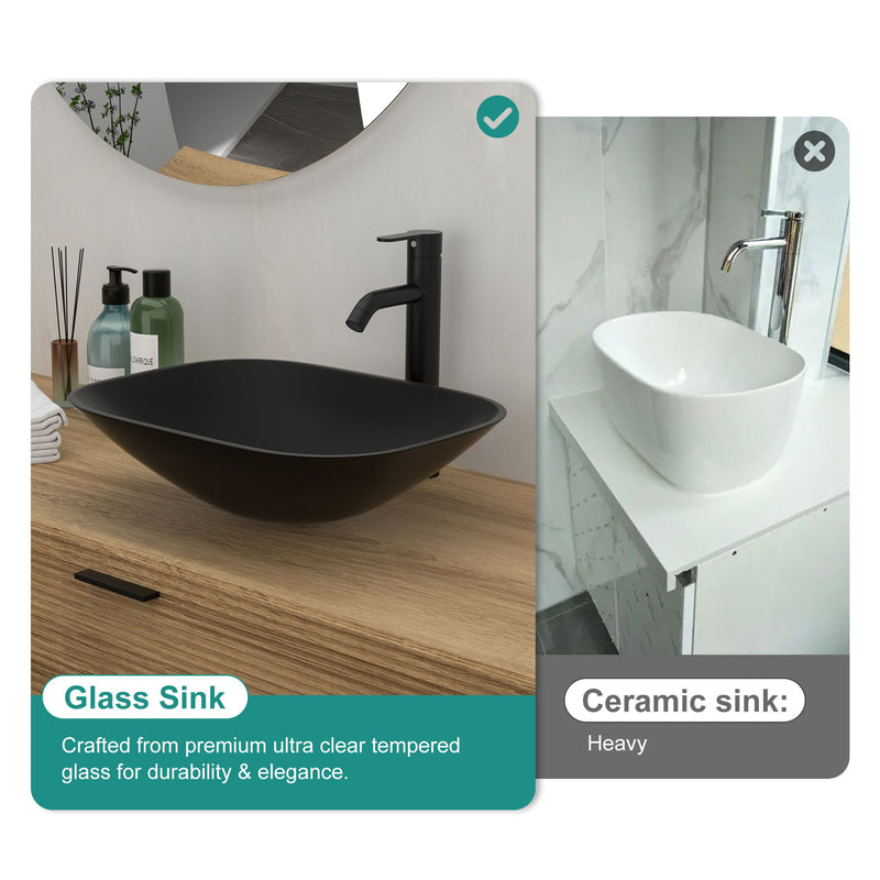 Artistic Tempered Glass Vessel Sink With Faucet And Pop Up Drain - Matte Black