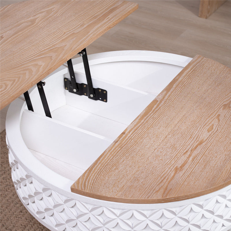 Round Coffee Table With Storage - White / Light Oak