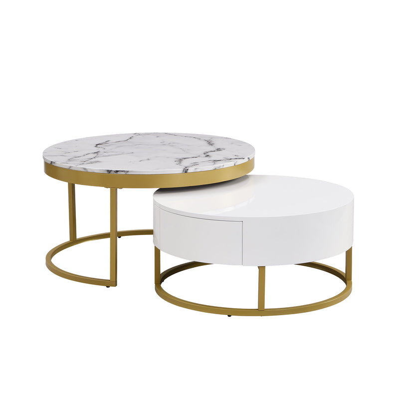 Round Nesting Coffee Table With Drawers - Golden / White