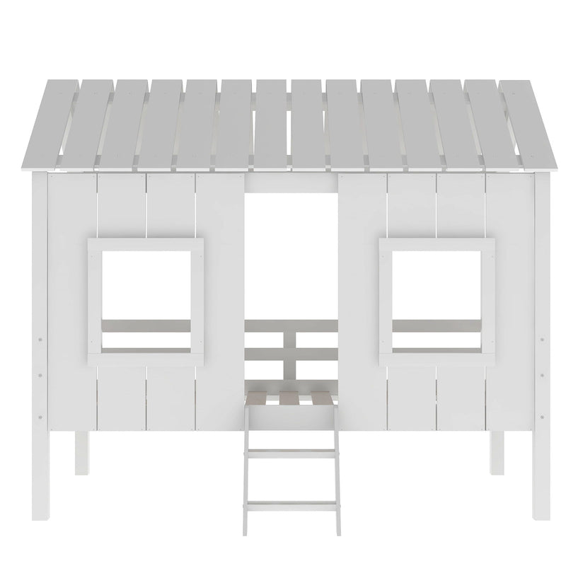 Twin Size Low Loft House Bed With Roof And 2 Front Windows - White