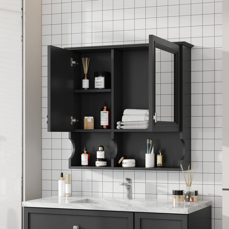 Wall Mounted Mirror Medicine Cabinet, Bathroom Storage With Doors And Open Shelves