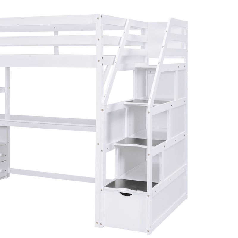 Loft Bed With Desk, Shelves, 2 Drawers, Storage Staircase
