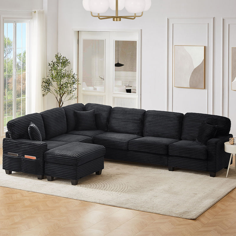 Upholstered U-Shaped Sectional Sofa With Movable Ottoman And Side Storage Pockets