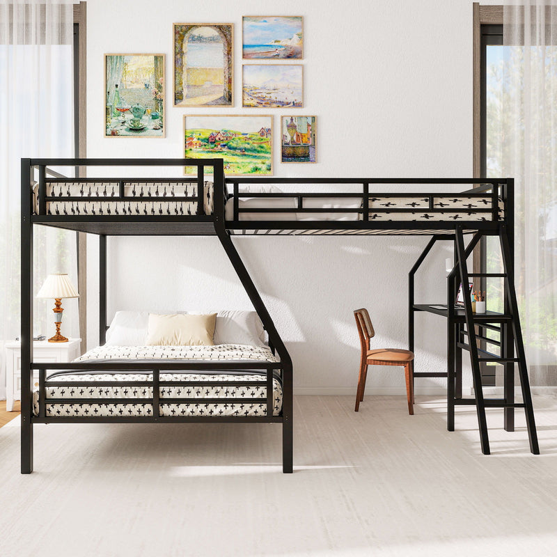 Twin Over Full Bunk Bed With Loft And Desk, L-Shaped Design For 3 Sleepers - Black