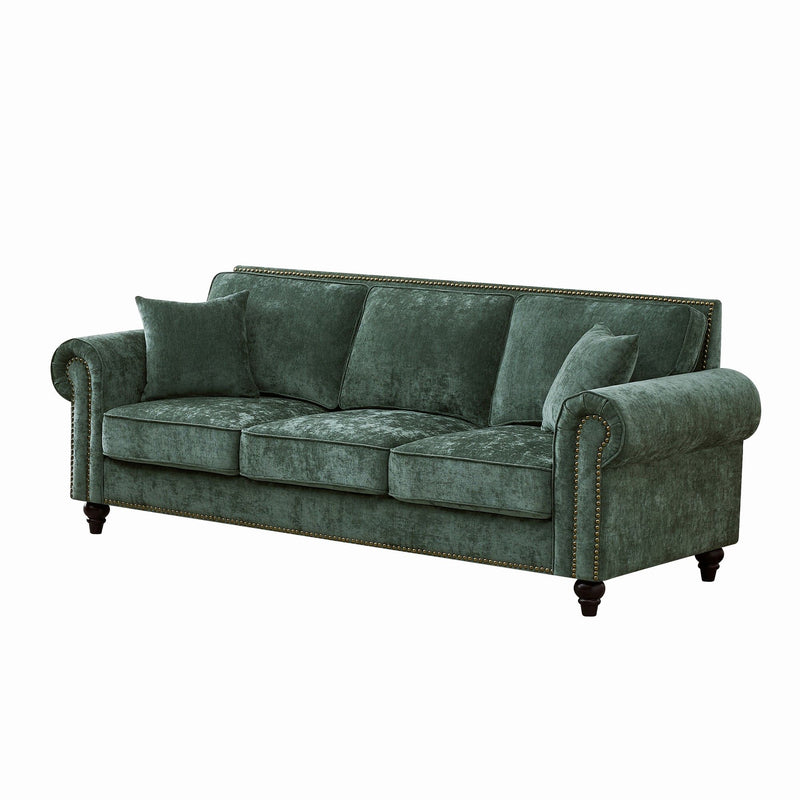 3 Seater Sofa With Tufted Upholstery, Rolled Arms, Nailhead Trim