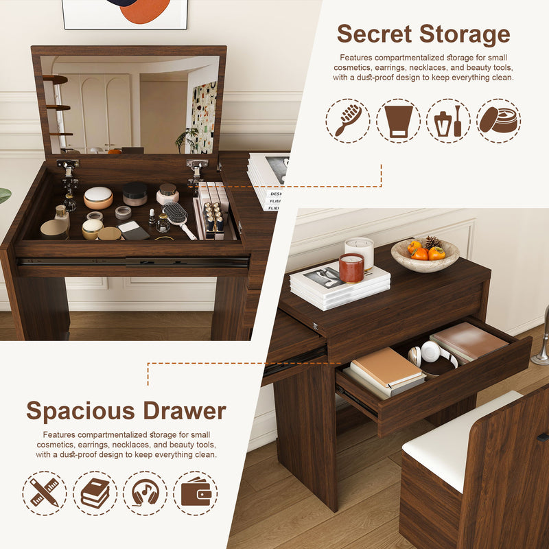 Folding Desk With Mirror And Storage Stol For Bedroom
