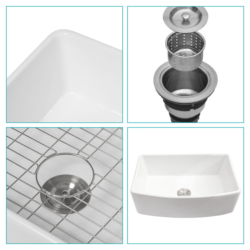 Ceramic Farmhouse Sink, Apron Front Single Bowl With Arch Edge