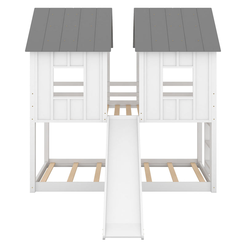 Twin Over Twin House Bunk Bed & Slide And Windows - White
