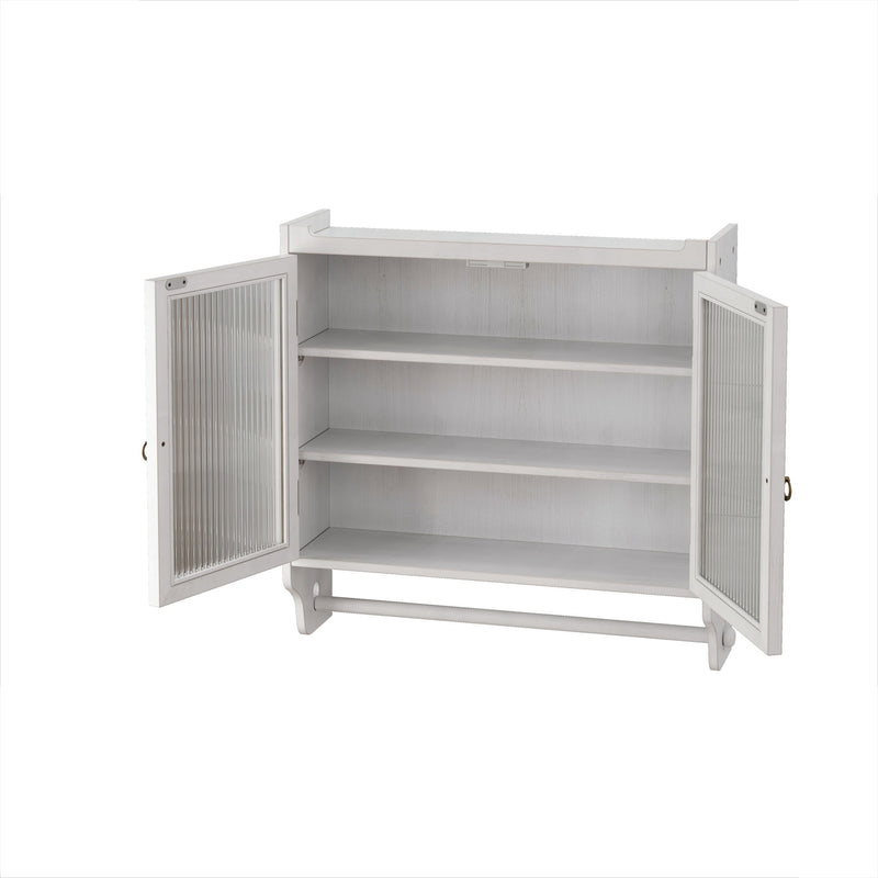Vintage Double Door Wall Cabinet With Three Tiers Storage And Towel Rack - White Washed
