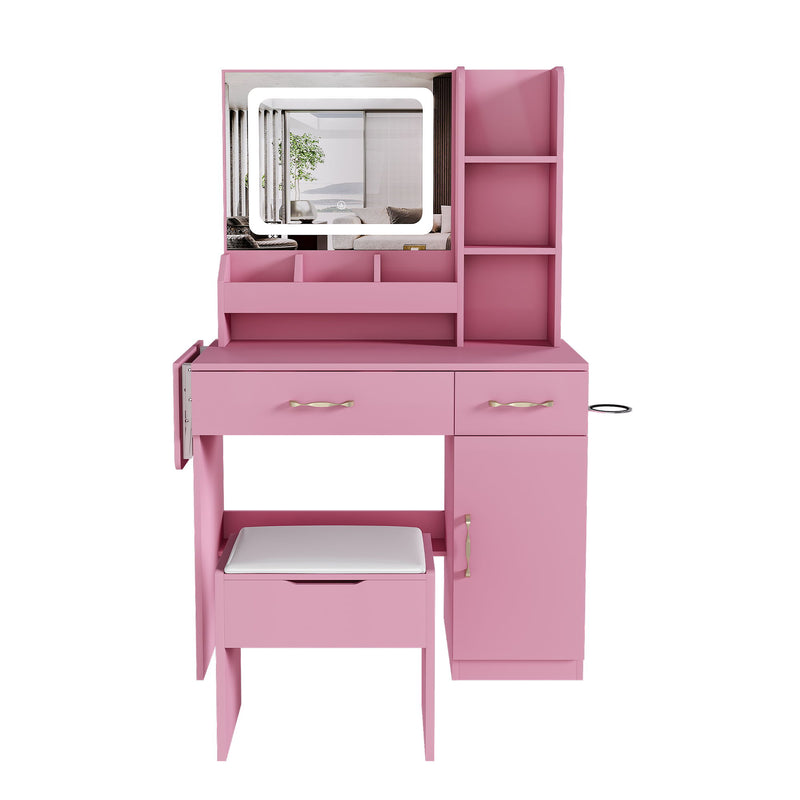 Vanity Desk With LED Mirror Lights And Charging Outlet