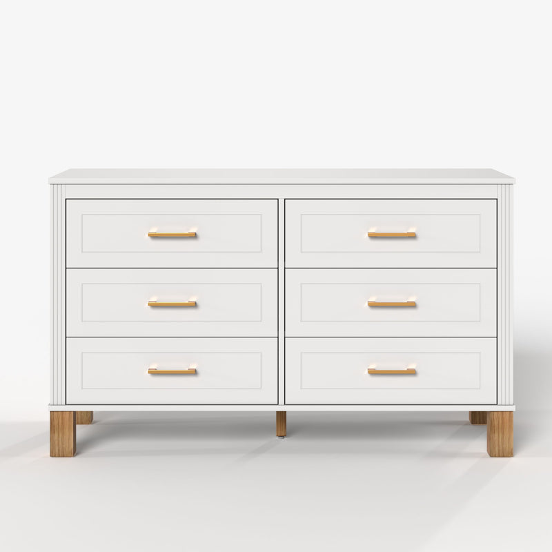 6 Drawer Double Dresser With Handles, Storage Cabinet - White