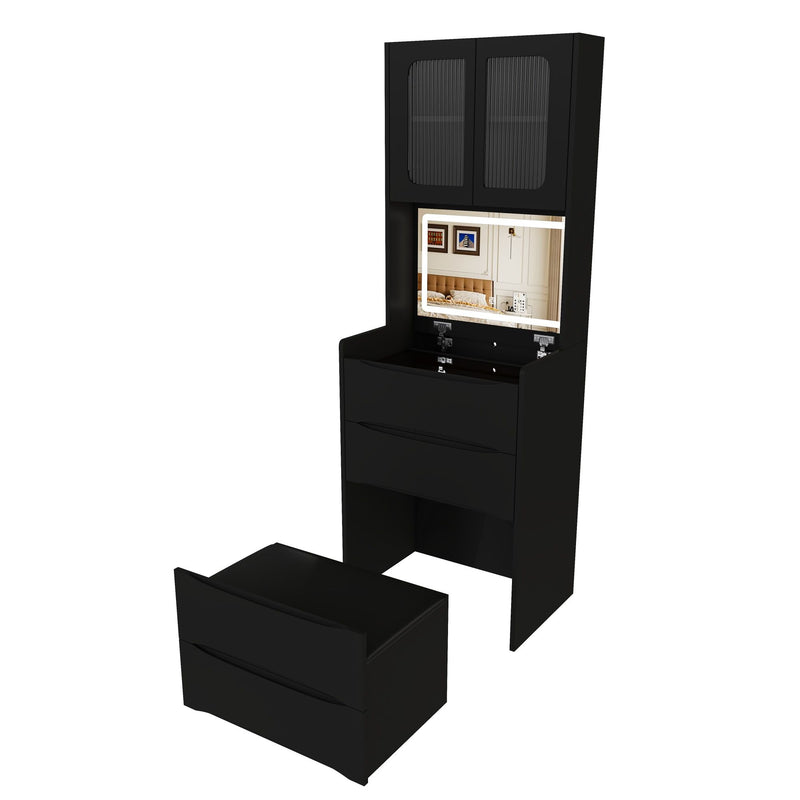 3 In 1 Vanity Table With LED Mirror & Storage Stool, Flip Top Makeup Dressing Table With Adjustable Lights, 5 Storage Spaces Cosmetic Organizer For Bedroom - Black