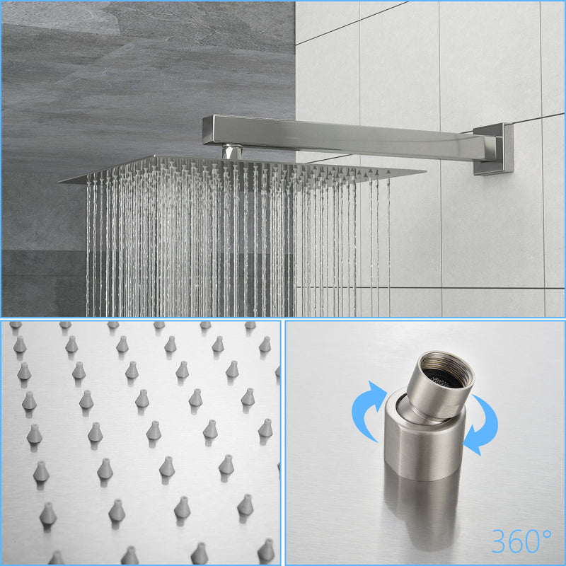 Wall Mounted Shower System With Adjustable Slide Bar And Rough In Valve, 12" Square Design - Brushed Nickel