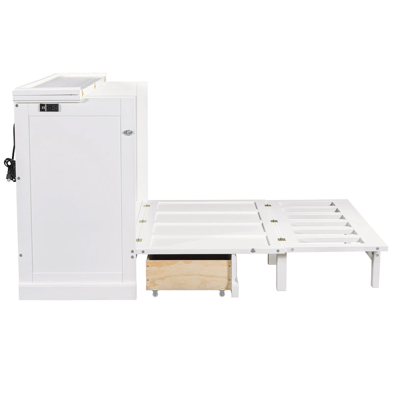 Full Solid Pine Murphy Bed Chest Cube Cabinet Bed With Charging Station And Large Storage Drawer For Home Office Or Small Room - White