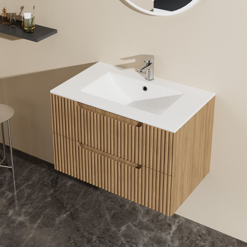 30" Wall Mounted Bathroom Vanity With Sink, Soft Close System, And Spacious Drawers - Walnut