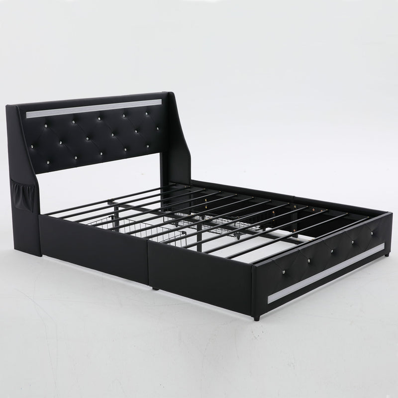 Wingback Upholstered Bed Frame With LED Lights, Charging Station