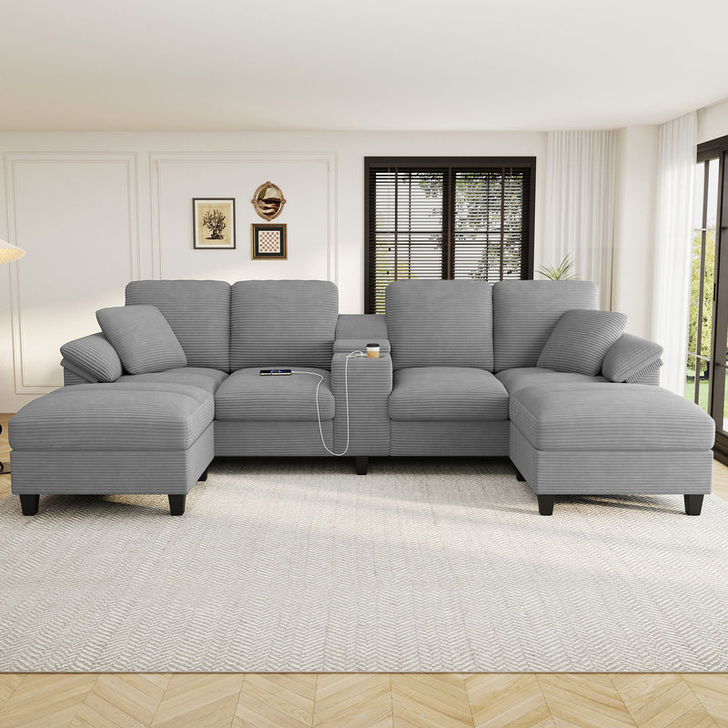 Modern U - Shaped Sectional Sofa With Storage Ottomans, USB Ports, And Cup Holders