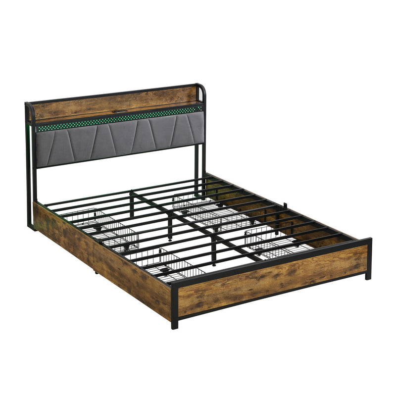 Contemporary Bed Frame With Storage Headboard, Charging Station, LED Lights