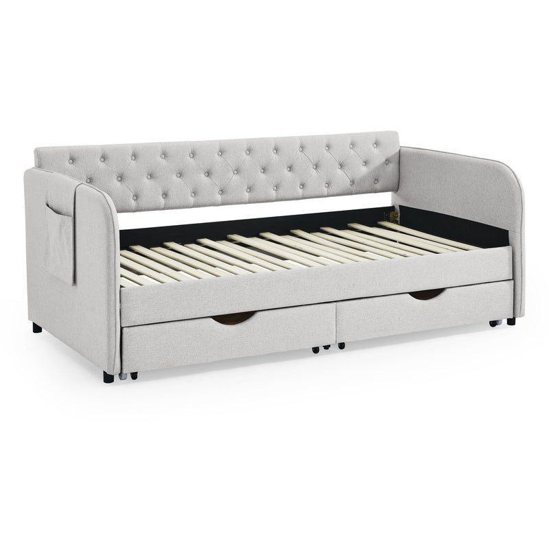 Daybed With Trundle And Storage Drawers, Flat Arms With Pocket