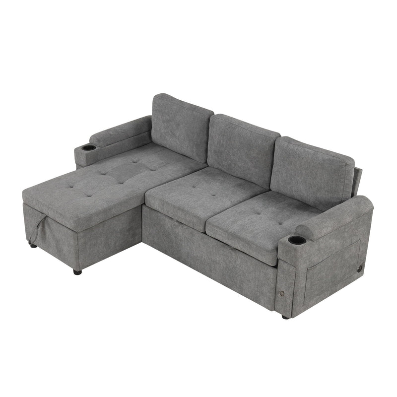 Convertible L Shaped Sofa Couch With Storage, Cup Holders, USB Ports