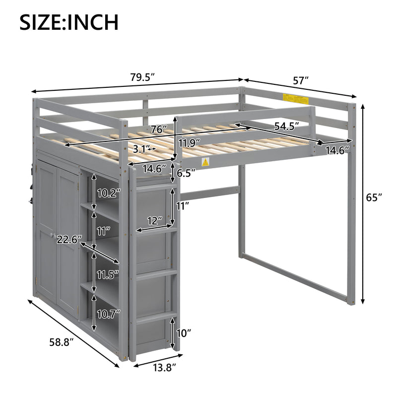 Loft Bed With Built In Wardrobe, Storage Shelves, And LED Light
