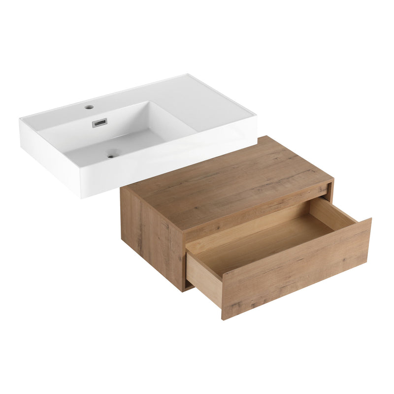 Modern Wall Mounted Bathroom Vanity With Resin Sink And Side Cabinet, Soft Close Drawer, Imitative - Imitative Oak