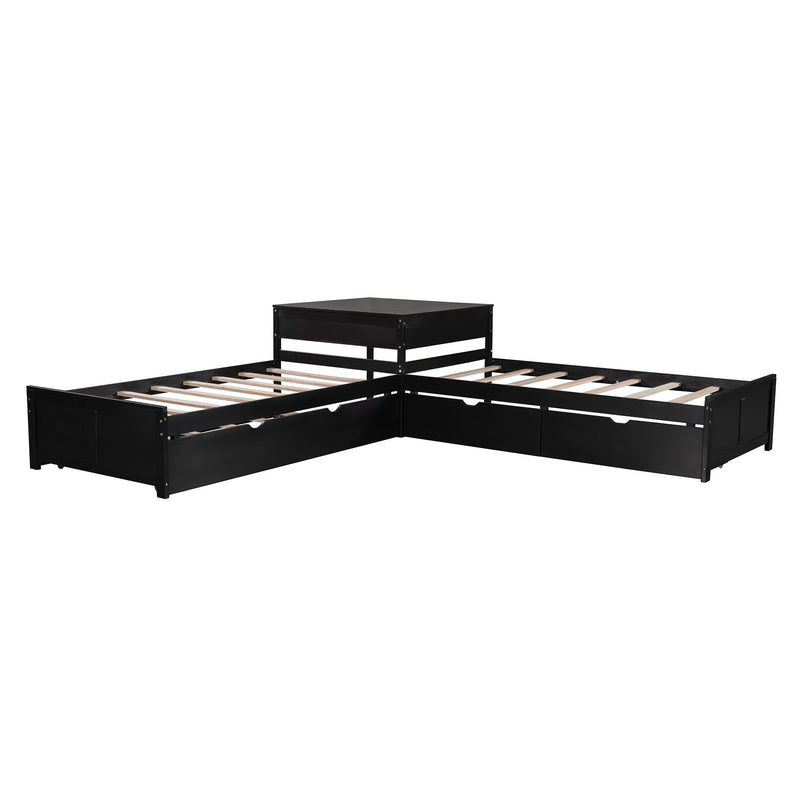 L Shaped Platform Bed With Trundle And Drawers Linked With Built In Desk