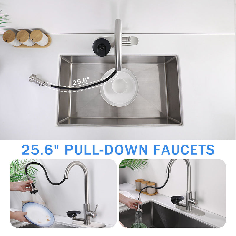 3 In 1 Kitchen Faucet With Press Type Glass Rinser, High Arc Pull Down Sprayer