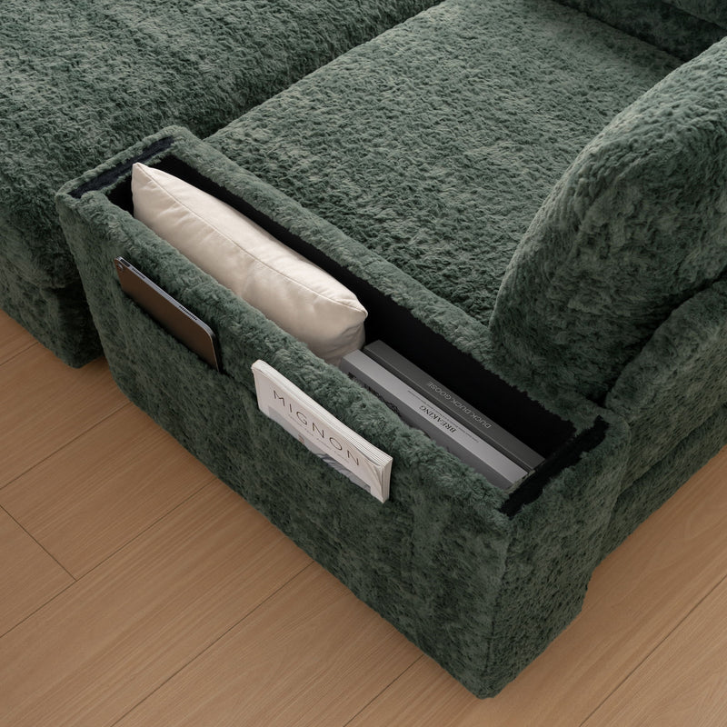 Oversized Chaise Lounge Indoor Rabbit Fur Sofa Bed With Storage Ottoman And Armrests Cup Holders With Deep Seat
