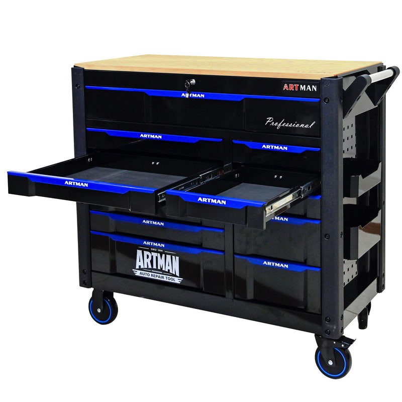 12 Layer Drawer Multi Purpose Tool Cart With Wheels And Wooden Countertops - Black / Blue