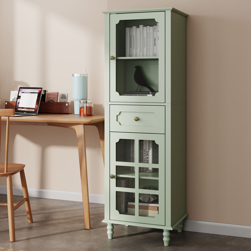 Curio Cabinet, Freestanding Vintage Display Storage Cabinet, Adjustable Shelves - Green