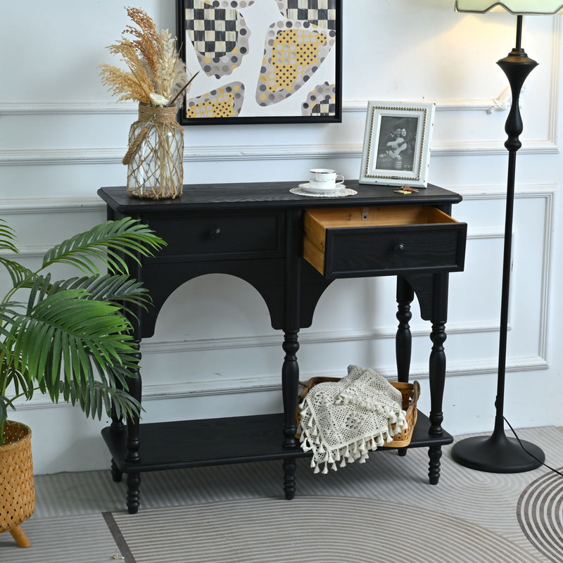 Accent Carved Console Table With Open Shelf And 2 Drawers For Living Room - Black