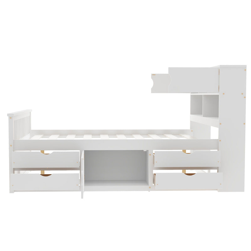 Captain Platform Bed Frame With Bookcase Headboard, 4 Drawers, Storage Shelves