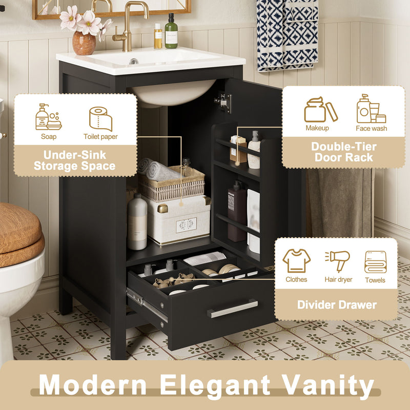 Bathroom Vanity With Ceramic Sink, Soft Close Drawers, Door Organizer, Divider Drawer, Adjustable Foot Pads